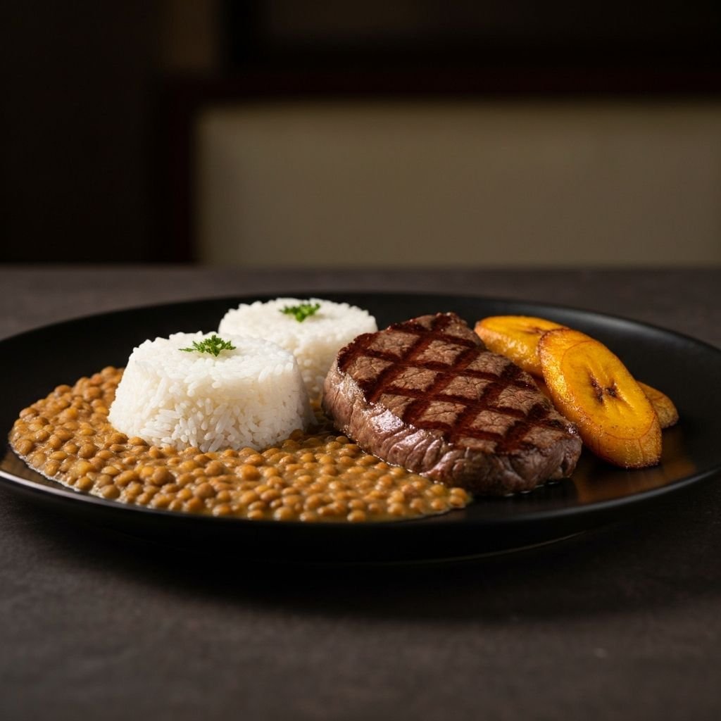 Arroz con menestra y carne asada